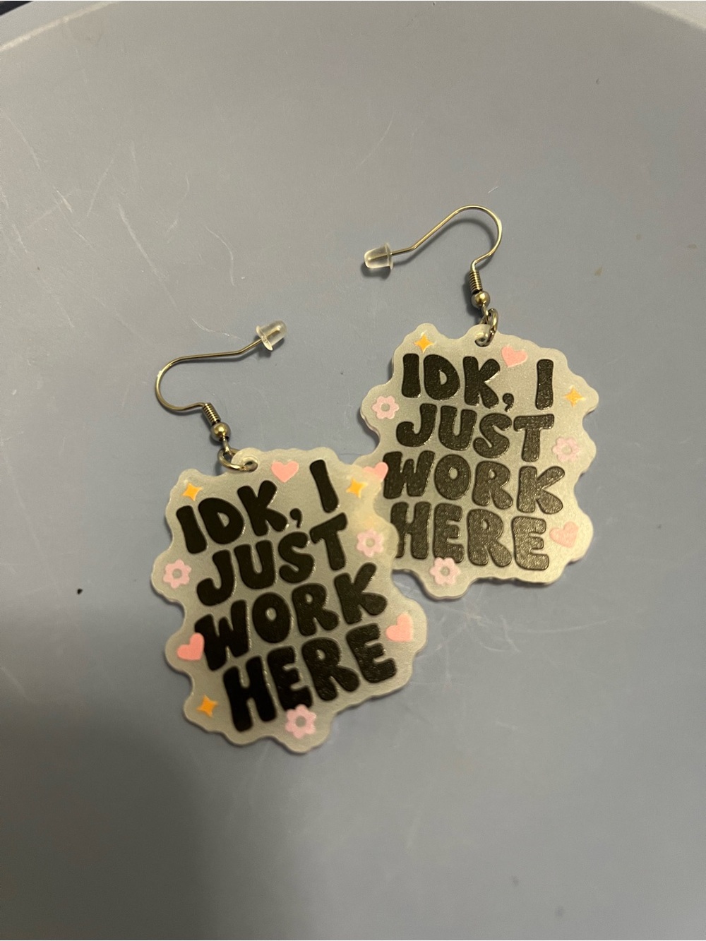 Novelty 'IDK, I Just Work Here' Pink Accent Dangle Earrings